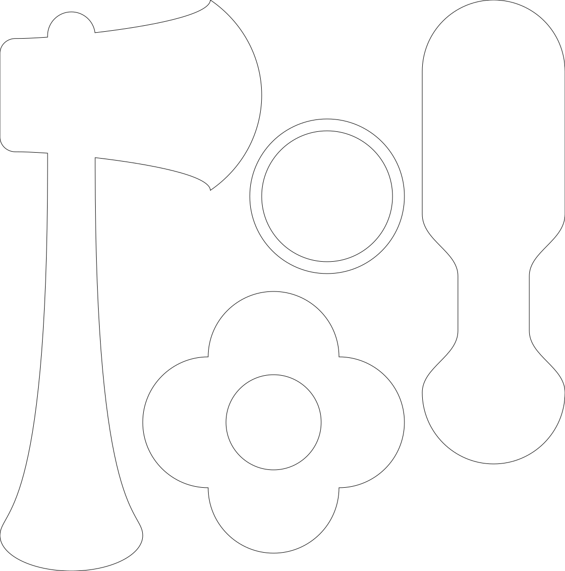 axe, kunai, throwing dagger outlined